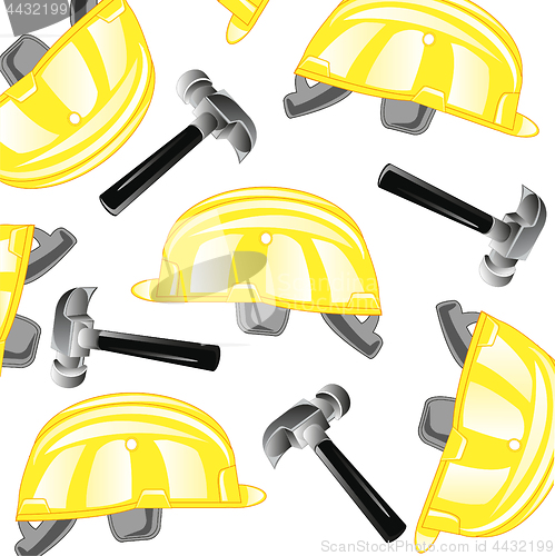 Image of Building helmet and gavel pattern on white background