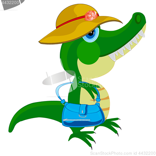 Image of Female of the crocodile in fashionable hat and hand-bag