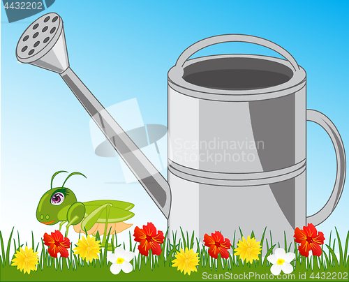 Image of Garden instrument sprinkling can in garden with flower