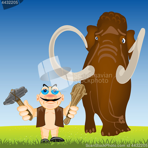 Image of Primitive person and mammoth on year glade