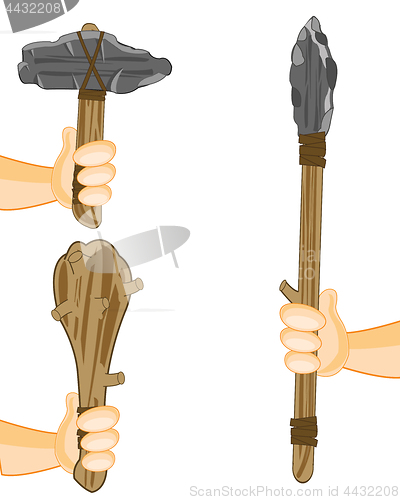 Image of Spear with axe and bat of the stone age in hand of the person