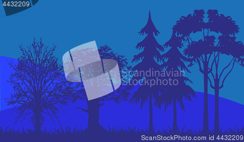 Image of Wood and mountains silhouettes in rose colour