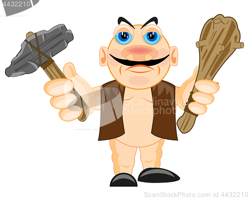 Image of Primitive person with stone gavel and bat