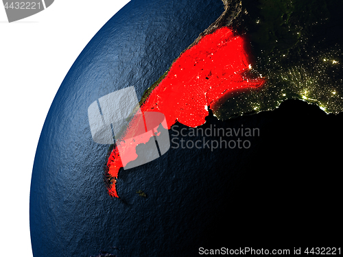 Image of Argentina in red on Earth at night