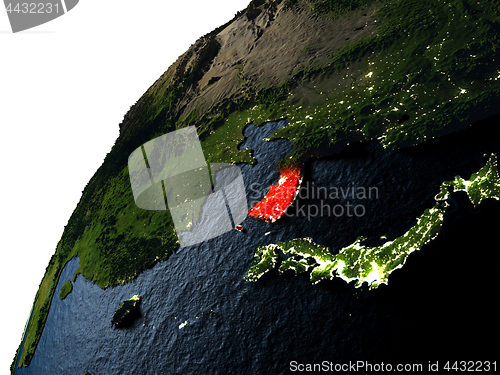 Image of South Korea in red on Earth at night