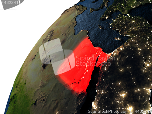 Image of Egypt in red on Earth at night