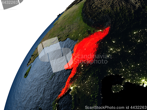 Image of Myanmar in red on Earth at night