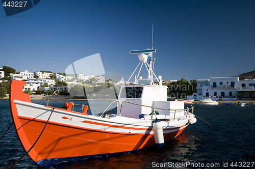 Image of greek fishing boat in harbor greek islands