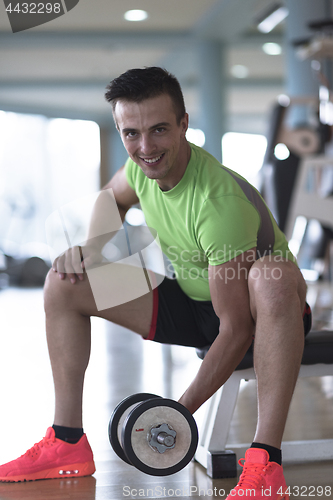 Image of handsome man working out with dumbbells