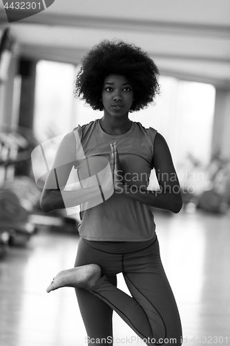 Image of african american woman exercise yoga in gym