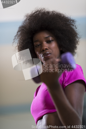 Image of woman working out in a crossfit gym with dumbbells