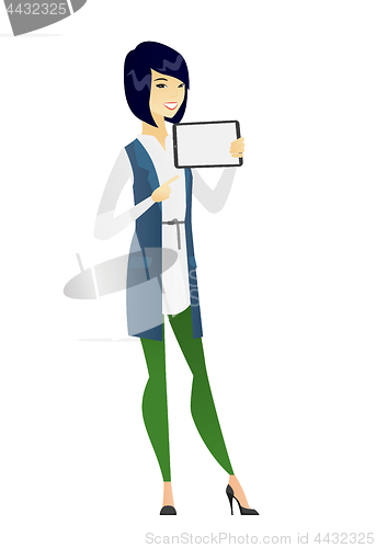 Image of Smiling business woman holding tablet computer.