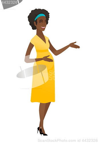 Image of Young african-american pregnant woman gesturing.