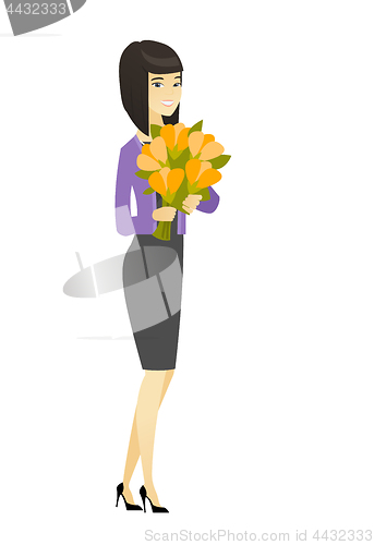 Image of Asian business woman holding a bouquet of flowers.