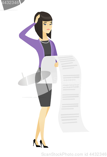 Image of Business woman holding long bill.