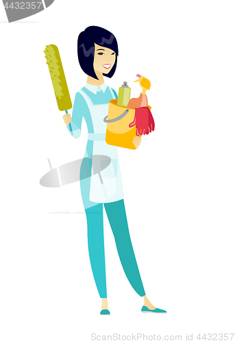 Image of Cleaner holding bucket full of cleaning equipment.