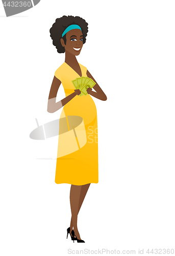 Image of Happy african pregnant woman holding money.