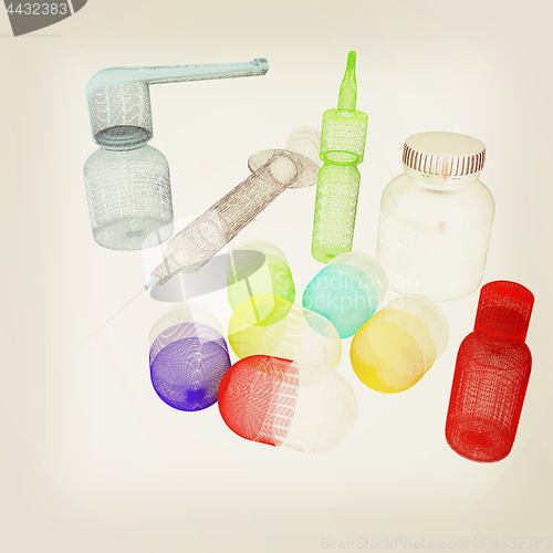 Image of Syringe, tablet, pill jar. 3D illustration. Vintage style