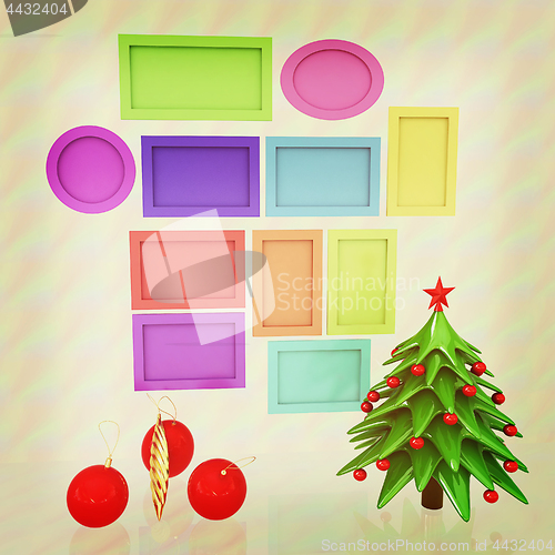 Image of Set of Christmas and New Year frames and Christmas tree. 3D rend