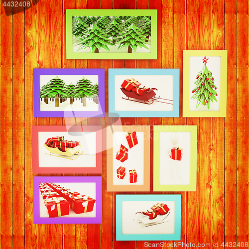 Image of Mock up picture frames on wood wall. 3d illustration. Vintage st