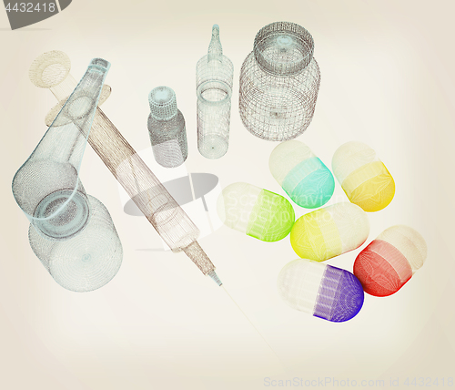 Image of Syringe, tablet, pill jar. 3D illustration. Vintage style