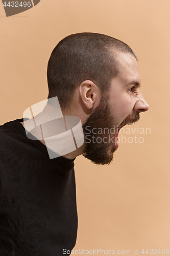 Image of The young emotional angry man screaming on pastel studio background