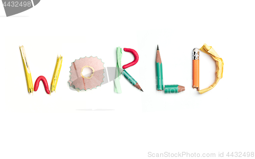 Image of The word world created from office stationery.