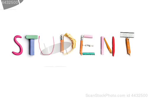 Image of The word student created from office stationery.