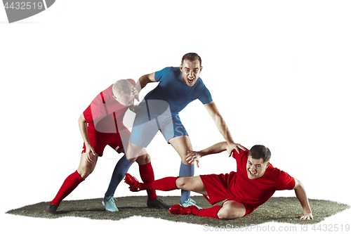 Image of Football players tackling for the ball over white background