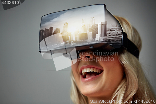 Image of woman in virtual reality headset or 3d glasses