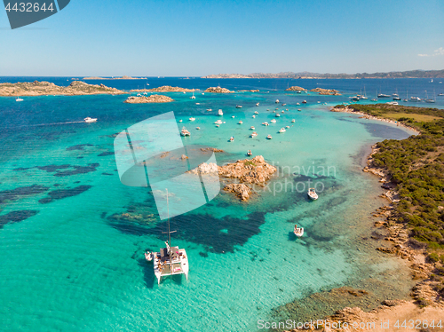 Image of Drone aerial view of Razzoli, Santa Maria and Budelli islands in Maddalena Archipelago, Sardinia, Italy.