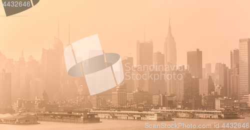 Image of New York City midtown Manhattan skyline panorama view from Boulevard East Old Glory Park over Hudson River.