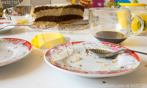 Image of Dirty dishes on the table after home tea