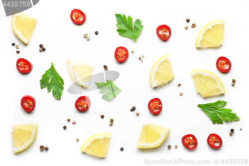 Image of pattern of spices on white background