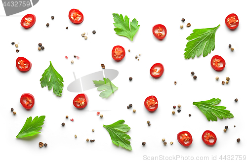 Image of pattern of spices on white background