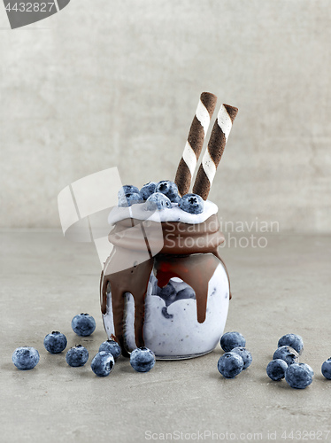 Image of dessert of frozen banana, icecream and blueberries