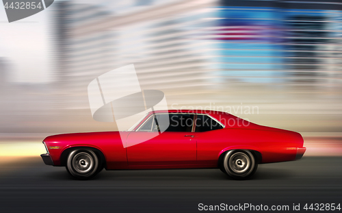 Image of red retro car moving 