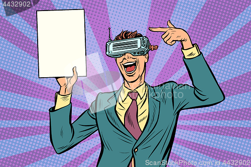 Image of pop art virtual reality VR glasses Businessman points at copy sp
