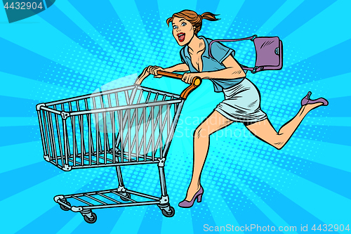 Image of pop art Woman running with shopping cart
