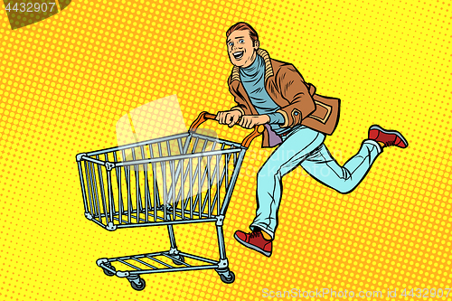 Image of men are on sale. shopping cart shop trolley