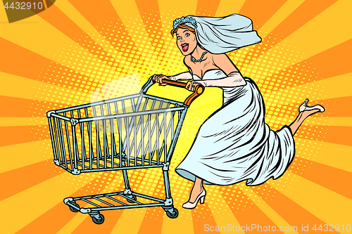 Image of pop art bride runs for wedding shopping