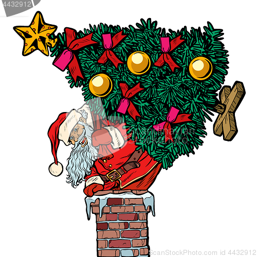 Image of Santa Claus with a Christmas tree climbs the chimney. Isolate on