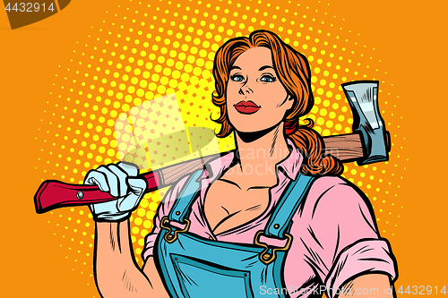 Image of working woman woodcutter with axe