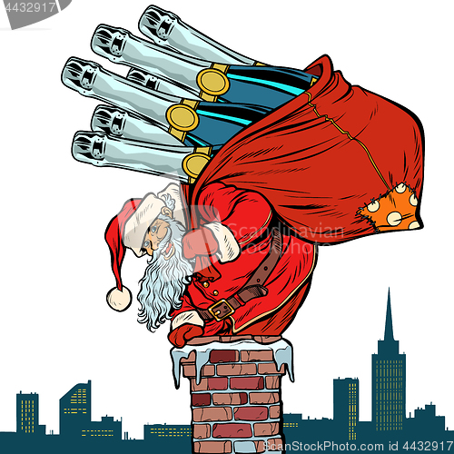 Image of Santa Claus with champagne climbs the chimney. Isolate on white 
