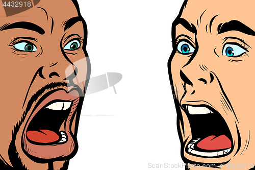 Image of man scream face. African and Caucasian people