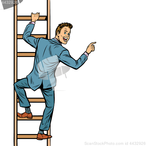 Image of businessman climbs stairs, man points to copy space