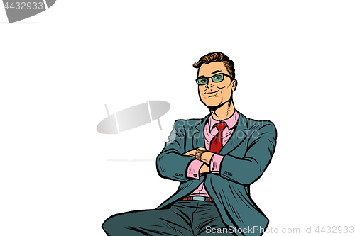 Image of pop art businessman sitting smiling