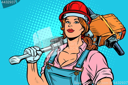 Image of pop art women road worker Builder with jackhammer