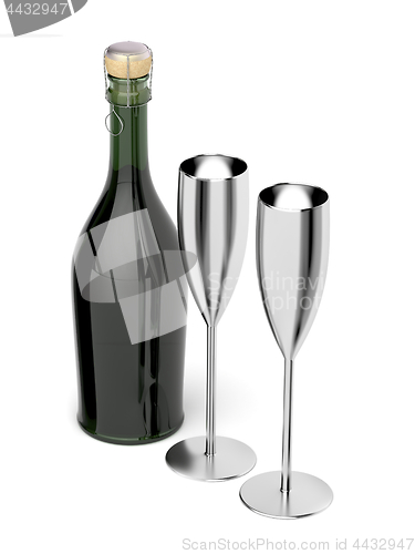 Image of Pair of champagne flutes and bottle