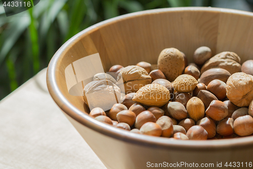 Image of Nuts in wooden bowl.